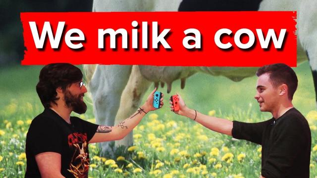 Chris and Johnny milk a cow using the Nintendo Switch