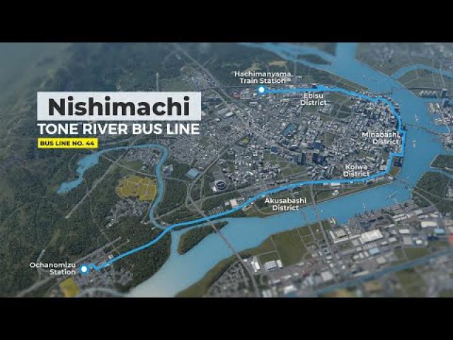 Cities Skylines: Bus ride through Nishimachi - Tone River Line [4K]