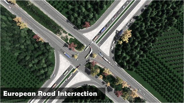 Left turns on an European Road Intersection and traffic lights - Cities Skylines: Custom Build